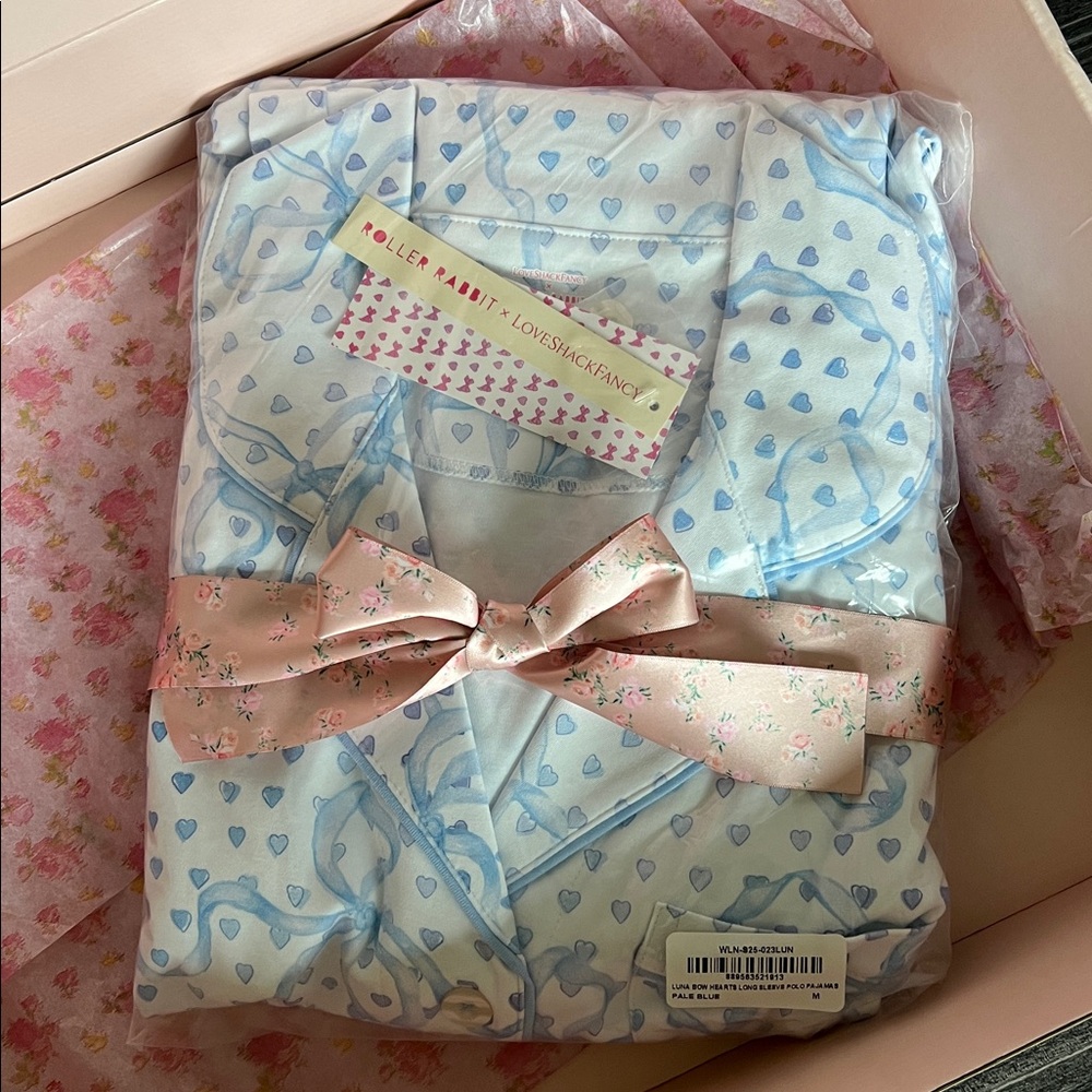 LoveShackFancy x Roller Rabbit Blue Luna Bow Hearts Polo Long Sleeve Pajamas - Picture 6 of 11